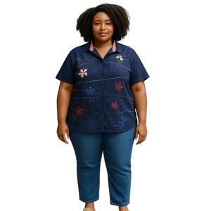 Bobbie Brooks Plus Button Up Women 18W/20W Short Sleeve Small Wale Cord Floral